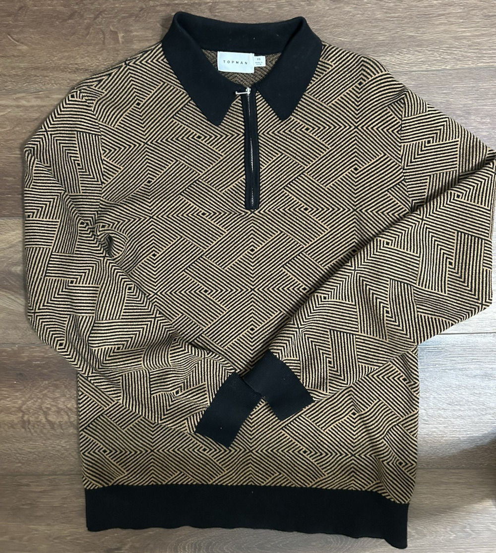 Top Man 1/4 Zip Men's Polo Shirt Size XS Long Sleeve Pattern Knit Gold Black